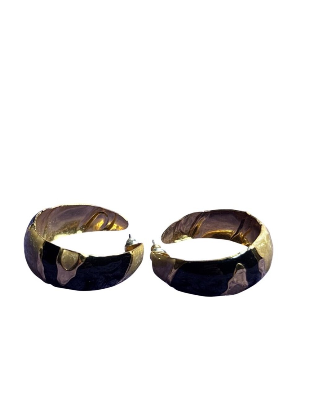 Vintage 80s Abstract Striped Open Hoop Earrings Goldtone Black Beige 1.25 inches
